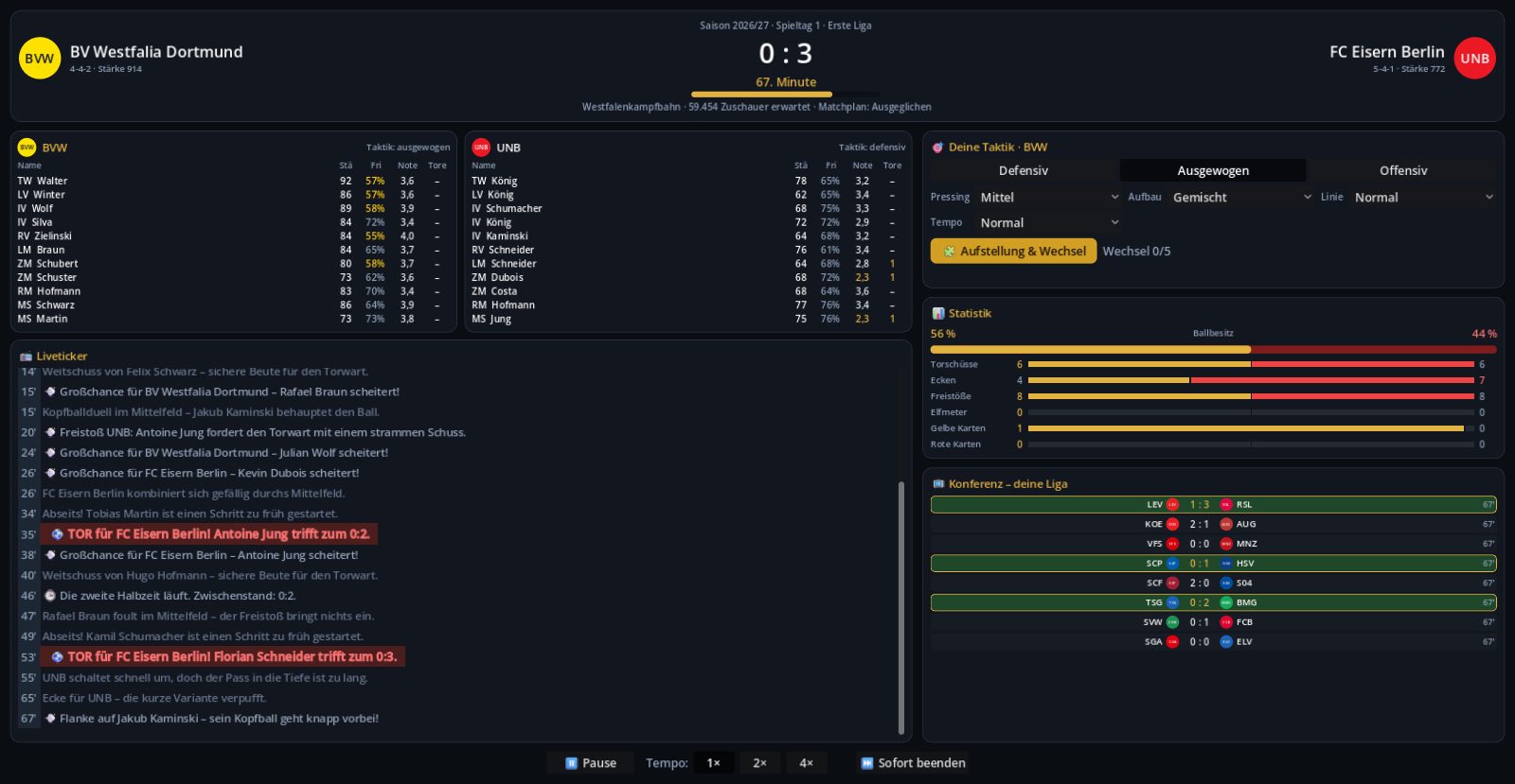 Livespiel mit Ticker, Statistik und Konferenz